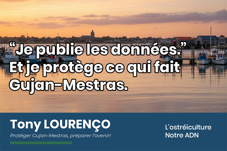 Visuel de campagne “L’ostréiculture : Notre ADN” : port de Gujan-Mestras au coucher du soleil, bateaux au mouillage et cabanes en arrière-plan, avec le slogan en surimpression « Je publie les données. Et je protège ce qui fait Gujan-Mestras. », et le bandeau bleu “Tony LOURENÇO – Protéger Gujan-Mestras, préparer l’avenir !”.